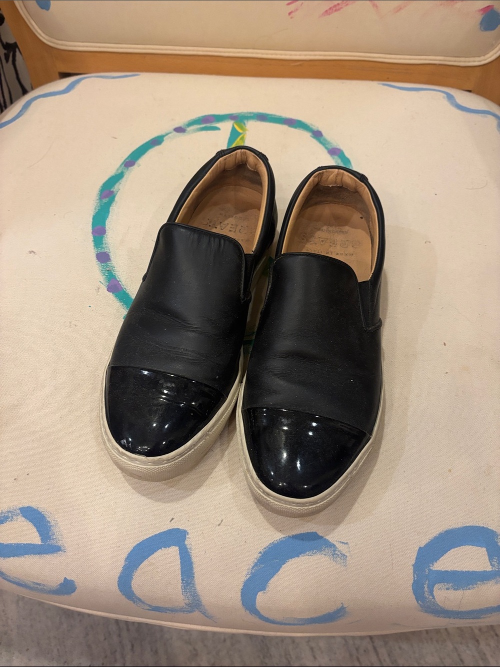 Greats Black Leather Slip-On Sneakers with Patent Toe